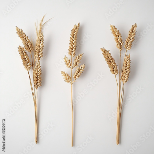Three stalks of wheat on white background harvesting season autumnal aesthetic natural organic minimalist composition