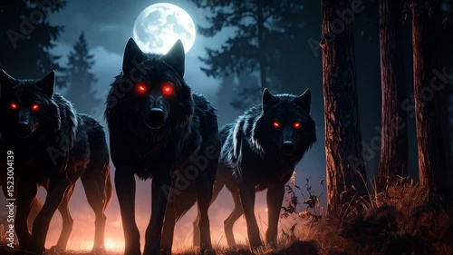 Menacing pack of black wolves with glowing red eyes prowling through a dark forest under the moonlight, creating a mysterious and eerie atmosphere