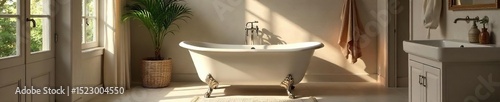 Relaxing, spa-like bathroom with a clawfoot tub as the centerpiece Soft lighting, plush towels, and natural elements create a serene atmosphere perfect for unwinding , tranquil, antique