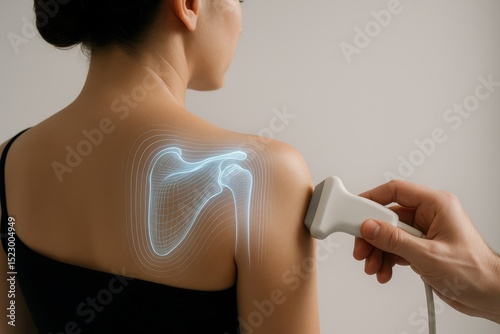 Medical scanning of a shoulder blade with glowing contours in a soft light setting