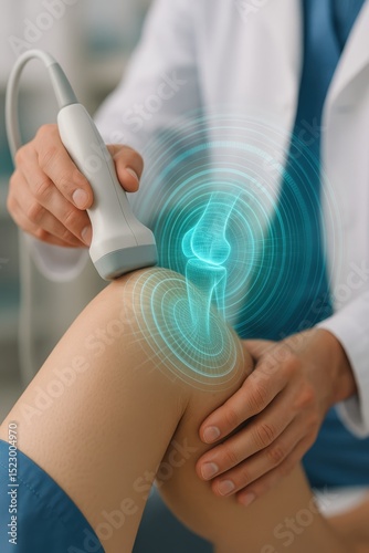 Medical ultrasound examination of a patient's knee with advanced imaging techniques in progress