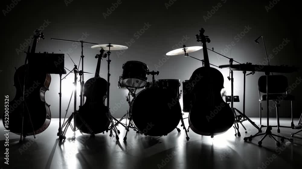 Darkened scene featuring a drum set, cellos, keyboards, and music stand illuminated with spotlights in a studio or concert hall setting.