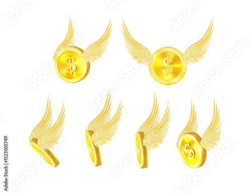 Flying set with white wings isolated on a white. 3D Vector