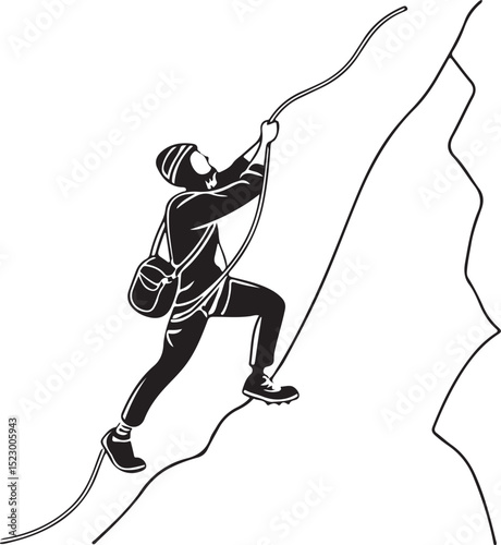 A Climber Ascends a Rocky Mountain Face Using a Rope