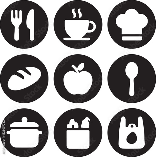 A diverse set of food, drink, and kitchen icons, including cooking utensils, chef symbols, and restaurant dish designs