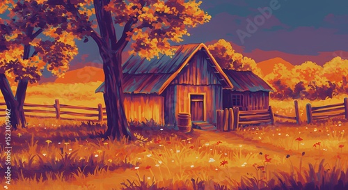 Rustic Autumnal Scene: A Wooden Cabin Amidst Golden Foliage.