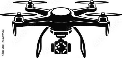 "Quadcopter Drone with Camera Silhouette - Black and White Vector Illustration"