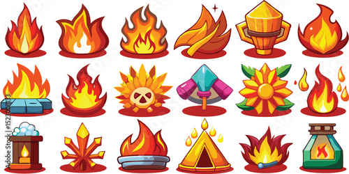 Diverse collection of cartoon fire flames and related elements in various styles