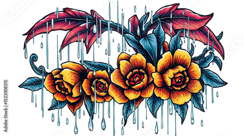 Vibrant tattoo design featuring yellow roses and red leaves with dripping water effect