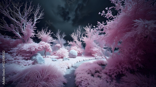 Surreal pink landscape with trees and rocks under a dramatic dark sky