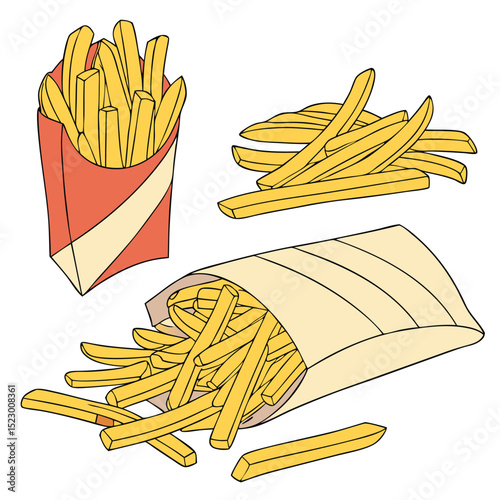 Collection of crispy golden french fries, In different perspectives