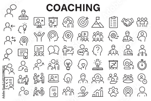 Coaching, personal development, and learning icons featuring communication, goals, and growth in a minimalist style   icon set