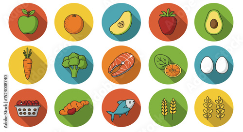 Colorful Icons of Healthy Foods Fruits Vegetables and Proteins