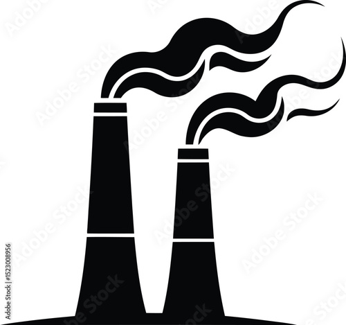 "Two Tall Industrial Smokestacks with Smoke - Black and White Vector Design"
