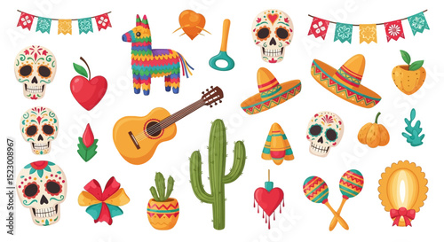 Colorful Mexican Cultural Elements Skulls Guitar Piata and More