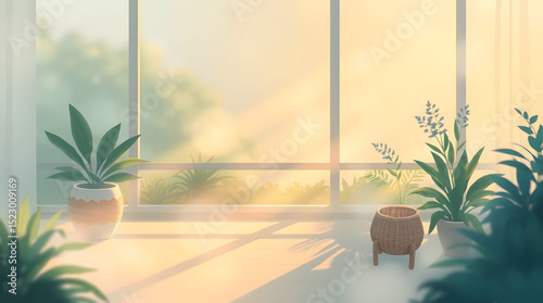 Sunny indoor garden with plants, tranquil atmosphere, soft lighting, natural decor, copy space

