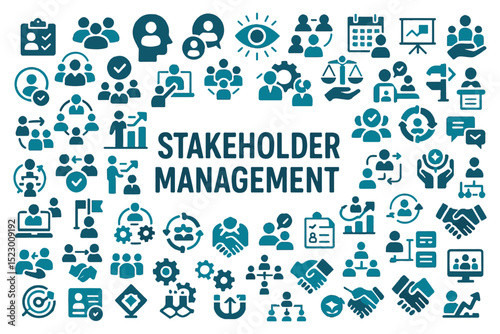 Stakeholder relationship, team coordination, and project management icons in a teal color scheme   icon set