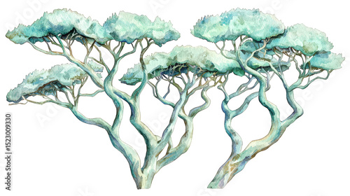 Abstract watercolor painting of elegant twisted trees with light green foliage