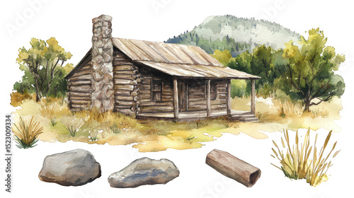Rustic Log Cabin Surrounded by Nature and Mountain Landscape in Watercolor