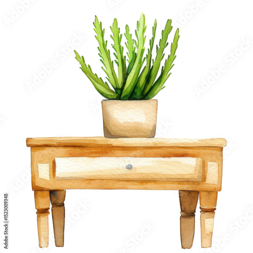 Watercolor Illustration of Wooden Table with Potted Green Plant Accent