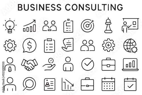 Business consulting, strategy, and growth icons featuring analysis, leadership, and planning in minimalist style   icon set