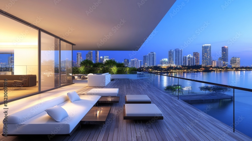 Fototapeta premium A modern balcony with sleek furniture and panoramic views of a sparkling cityscape at night, highlighting the beauty of urban living.