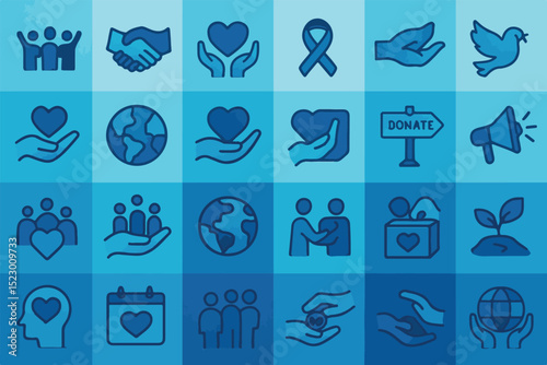 Charity, donation, and volunteer icons featuring support, community, and love symbols in blue tones   icon set