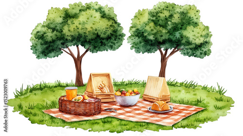 Serene Outdoor Picnic Scene with Food, Drinks, and Lush Greenery