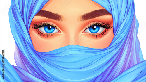 Woman wearing a blue hijab showcasing captivating blue eyes