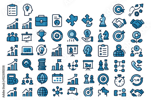 Business development, analysis, and strategy icons focusing on leadership, growth, and planning in blue   icon set