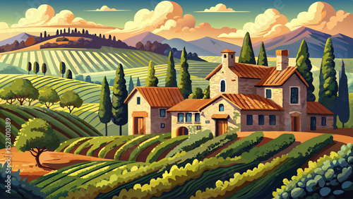 Engraved illustration set of rustic stone farmhouses in vineyard landscape for print design