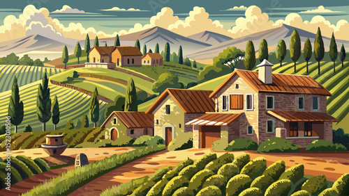 Engraved illustration set of rustic stone farmhouses in vineyard landscape for print design