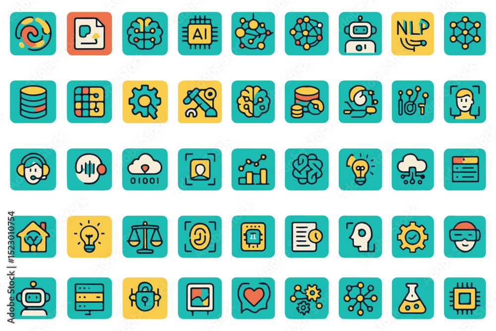 Fototapeta premium AI, machine learning, and technology icons for data and automation icon set