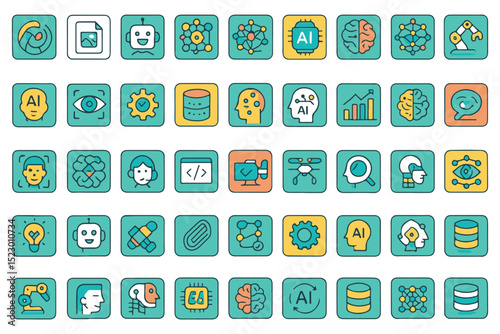 Artificial intelligence, neural networks, and digital innovation icons collection icon set