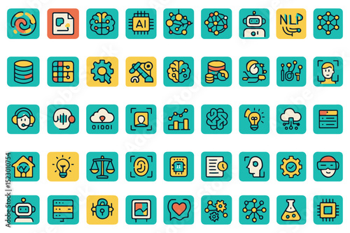 AI, machine learning, and technology icons for data and automation icon set