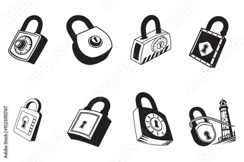 Set of security padlocks with key and lock icons for safe web protection design