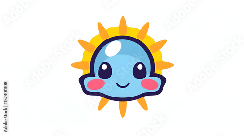 Cute cartoon sun character design, smiling face, bright colors, playful and cheerful illustration
