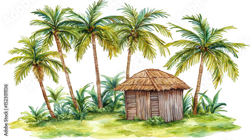 Tranquil Tropical Scene with Palm Trees and Thatched Hut Surrounded by Nature