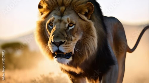 Majestic lion strides powerfully across a grassy plain at golden hour, showcasing its strength and wild beauty in natural habitat