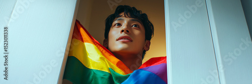 Asian gay man emerges from white wooden closet door, clutching LGBT pride flag, rainbow flag, self-acceptance, coming out of the closet, pride month, out and proud, diversity, Asian man