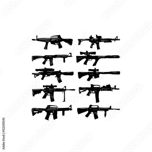Military Sketch Icons - Hand-Drawn Weapon Silhouettes on White
