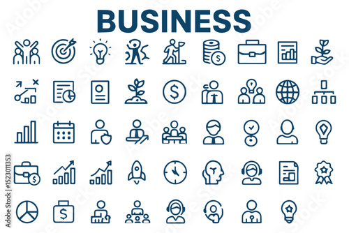 Business, strategy, and growth icons featuring planning, teamwork, and leadership in blue outline   icon set