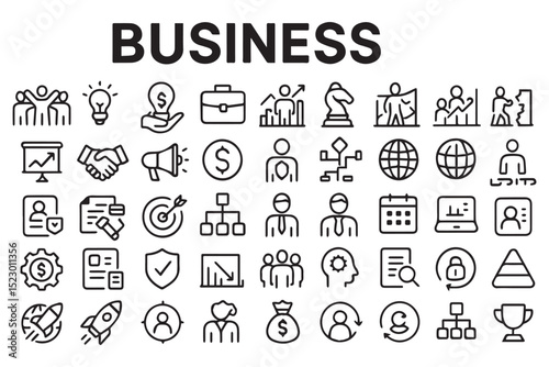 Business development, success, and performance icons with leadership, team coordination, and strategy   icon set