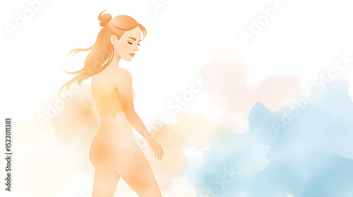 Elegant watercolor illustration of a woman, soft colors, serene expression, artistic beauty