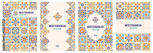 Poster, banner or label template set with azulejo mosaic tile pattern, blue, turquoise, yellow colors, floral motifs. Mediterranean, Portuguese traditional vintage style. Vector illustration
