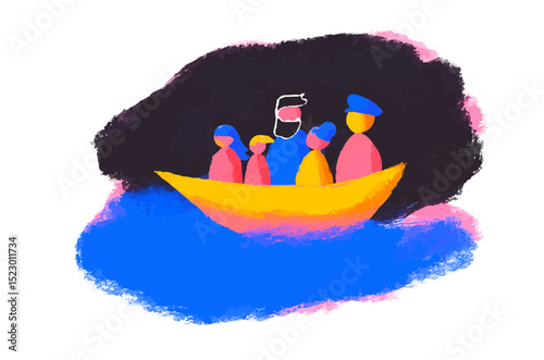 Family travels by boat, vector illustration