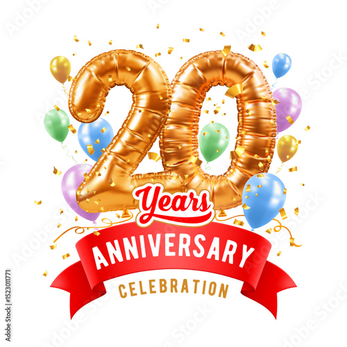20th Years anniversary, birthday celebration. 3D realistic golden balloons shaped number twenty and red ribbon with text, isolated on white. Template for jubilee, gala event. Vector illustration