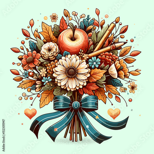 Vibrant bouquet of flowers, leaves, and an apple, beautifully arranged with a ribbon, symbolizing warmth and creativity, copy space