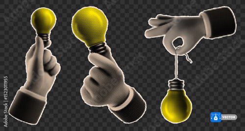 Hand holding Yellow Light bulb, cut from a newspaper or magazine, concept of idea, quick tips, advice, training. Conceptual design elements in retro style, with halftone effect. Vector illustration