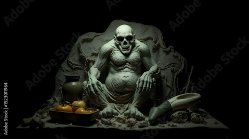 Dark fantasy sculpture of a skeletal figure with fruits, eerie atmosphere, detailed craftsmanship
